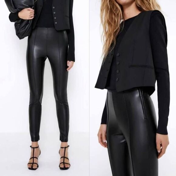 Zara Pants - Zara Skinny‎ Women's Medium Black Faux Leather Front Seam Ankle Zip Leggings